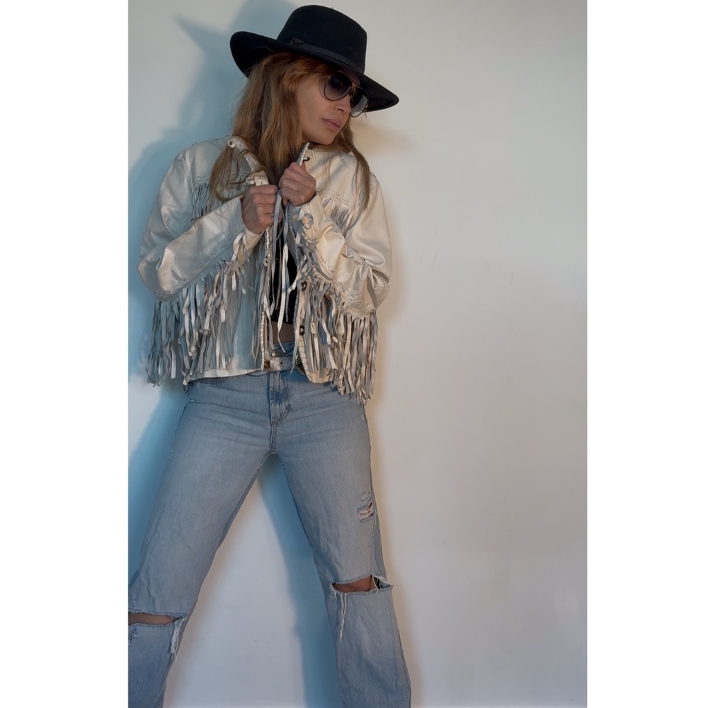 Cream Leather Jacket - Women's Fringe Trim